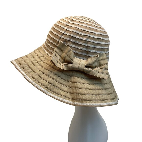 Wide Brim Beige Striped Sun Hat With Bow Accent For Women - One Size - Picture 4 of 7